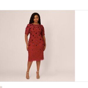 Plus Size Embellished Mesh Cocktail Dress in Cranberry